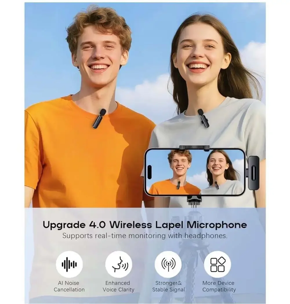 2-Pack Wireless Lavalier Mic with AI Noise Cancellation and Lightning/USB-C Adap